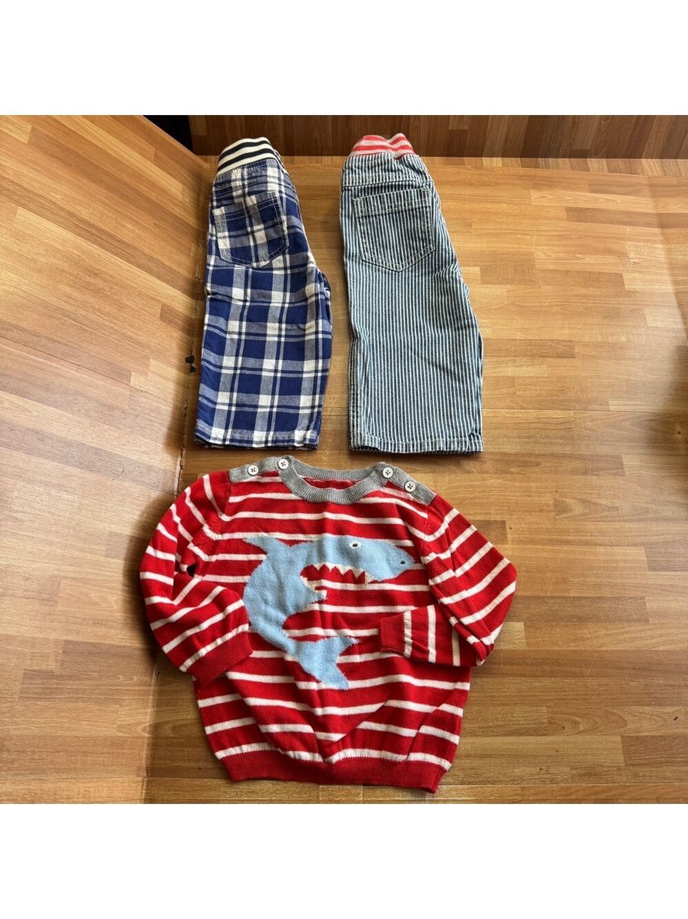 Mini Boden shark sweater and striped pants bundle, 12-18 mos, 3 pieces, pull on